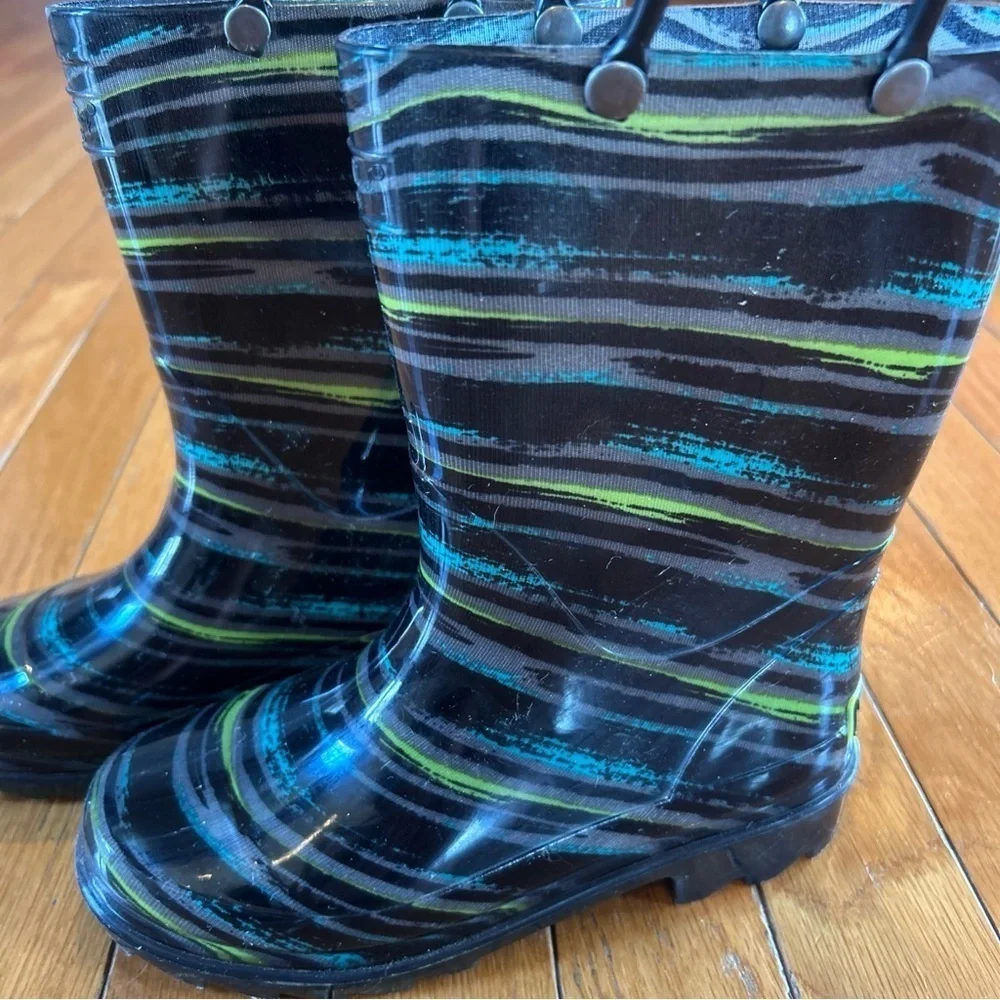 Western Chief Black Brush Stripe Lighted Pull On Boys Youth Rain Boots Size 13